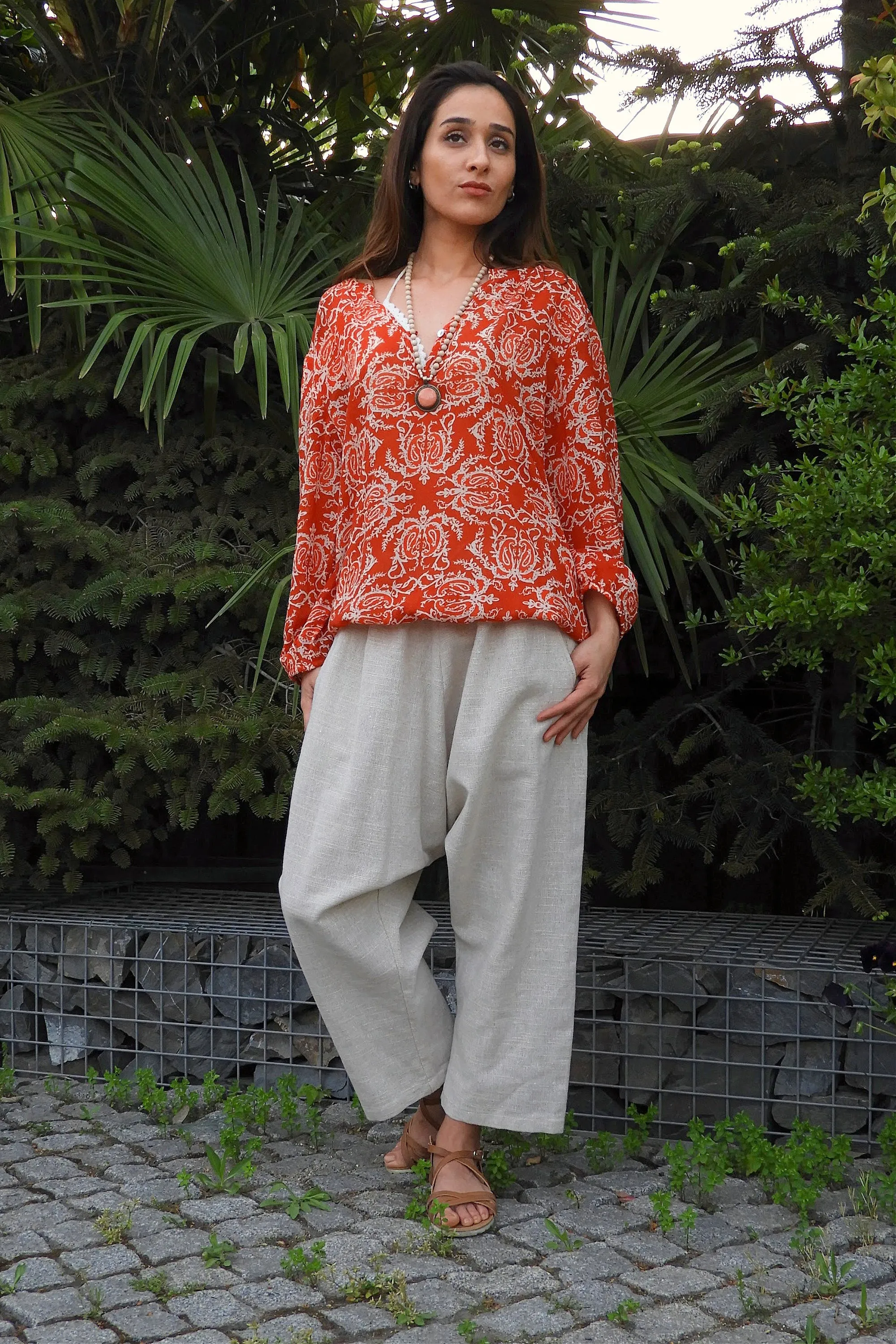 SAND Women's Linen Harem Pants, Beige