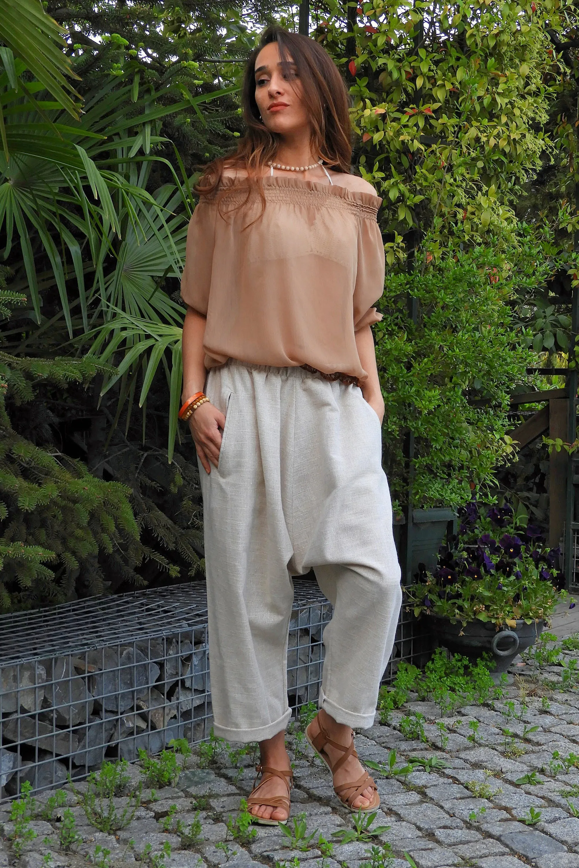SAND Women's Linen Harem Pants, Beige