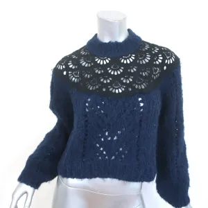 SEA Eyelet-Inset Sweater Navy Alpaca-Wool Size 2 Mock Neck Pullover
