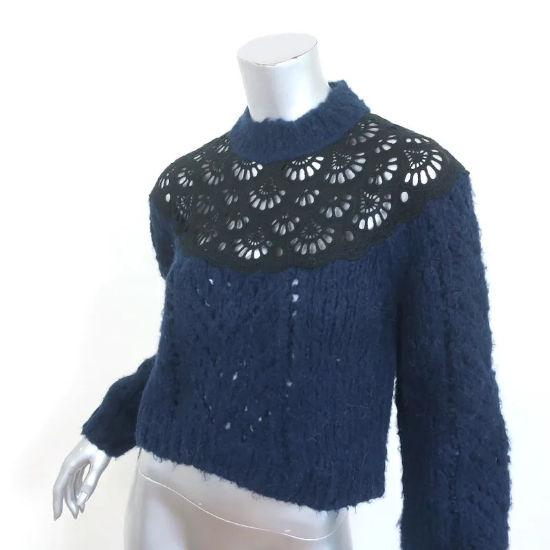 SEA Eyelet-Inset Sweater Navy Alpaca-Wool Size 2 Mock Neck Pullover