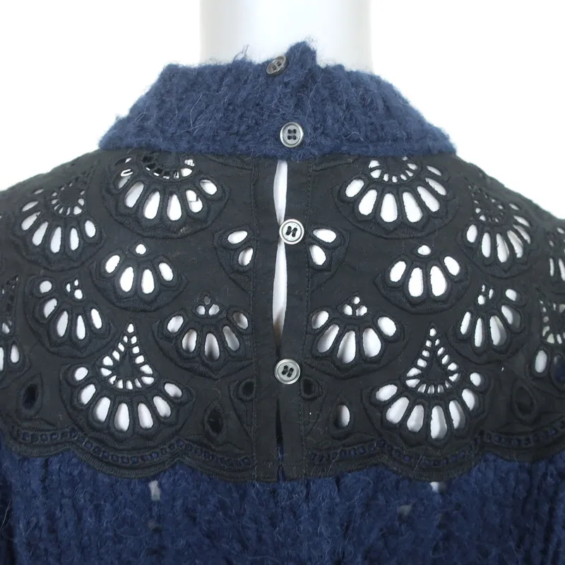 SEA Eyelet-Inset Sweater Navy Alpaca-Wool Size 2 Mock Neck Pullover