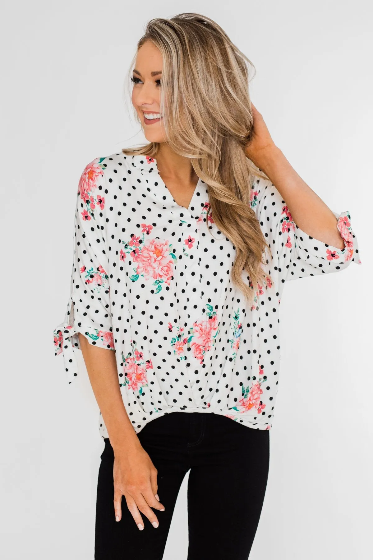 Show You Off Polka Dot & Floral Top- Ivory