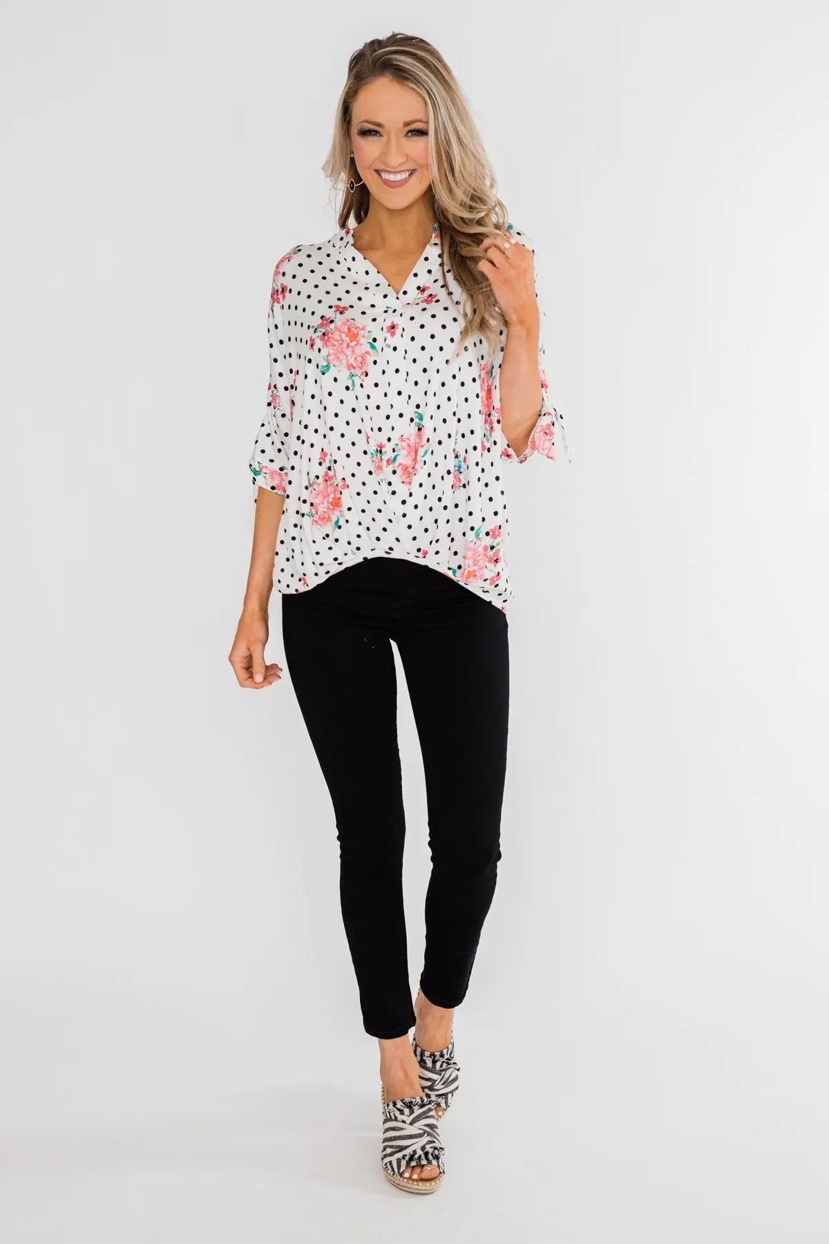 Show You Off Polka Dot & Floral Top- Ivory