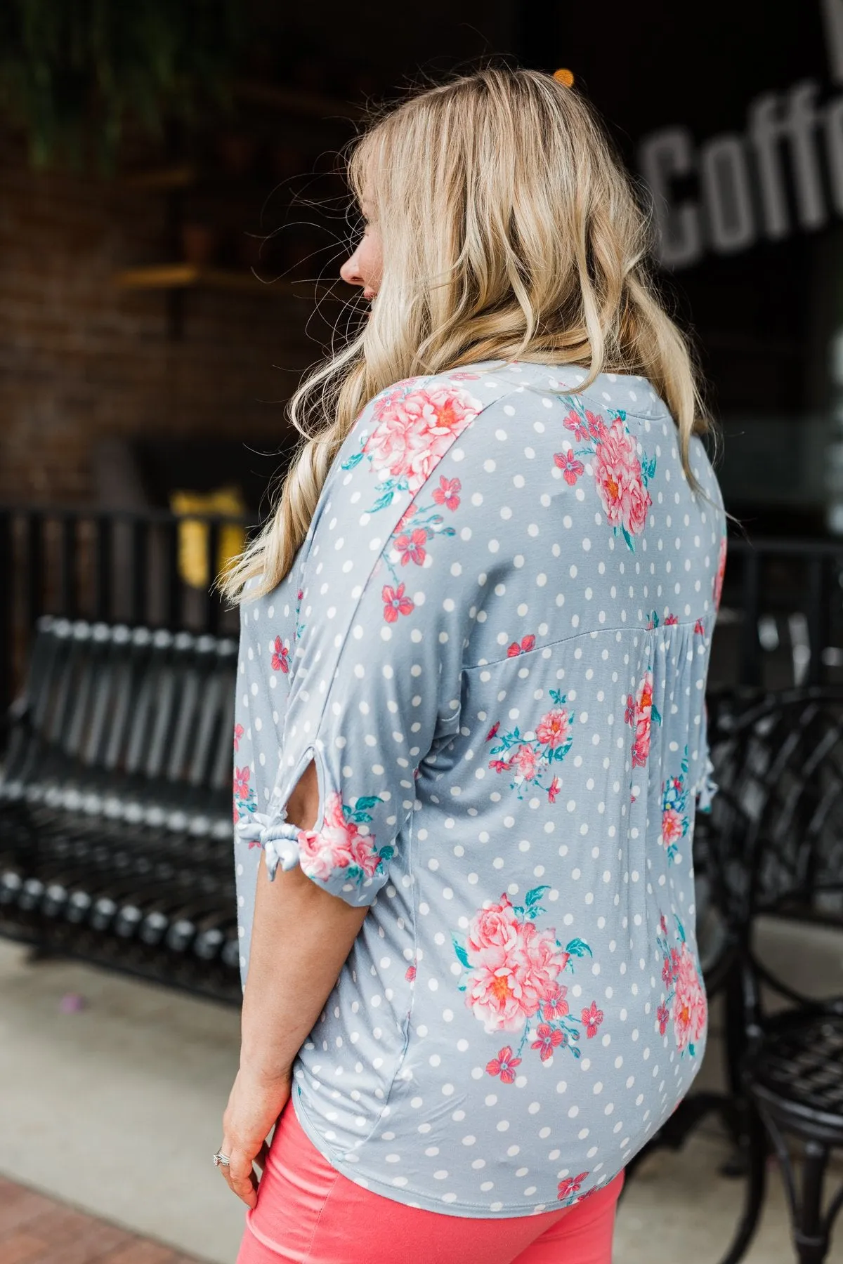 Show You Off Polka Dot & Floral Top- Powder Blue