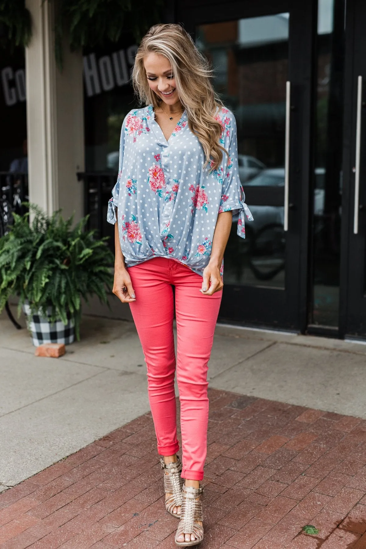 Show You Off Polka Dot & Floral Top- Powder Blue