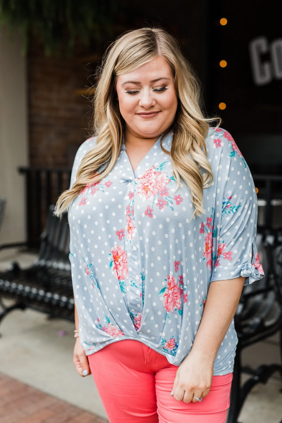 Show You Off Polka Dot & Floral Top- Powder Blue