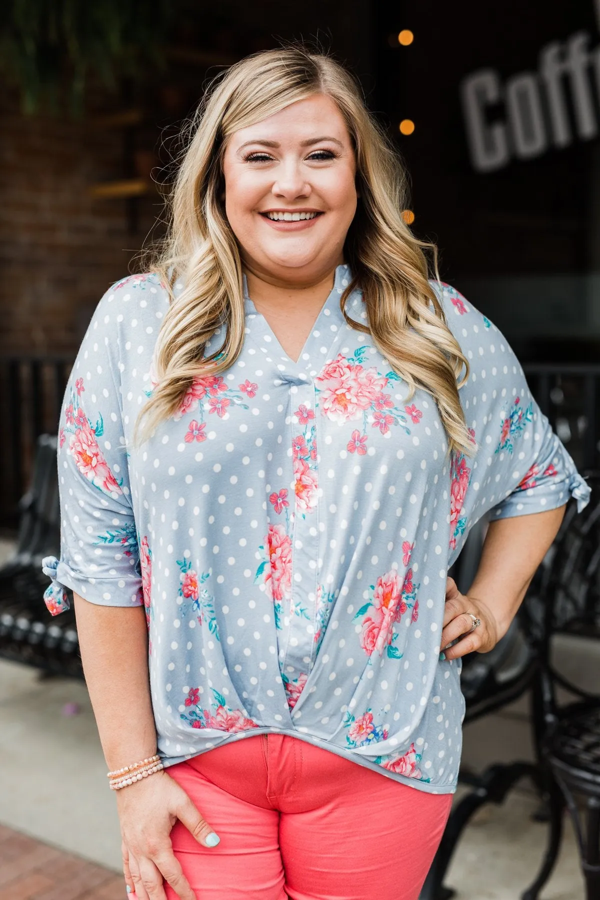 Show You Off Polka Dot & Floral Top- Powder Blue
