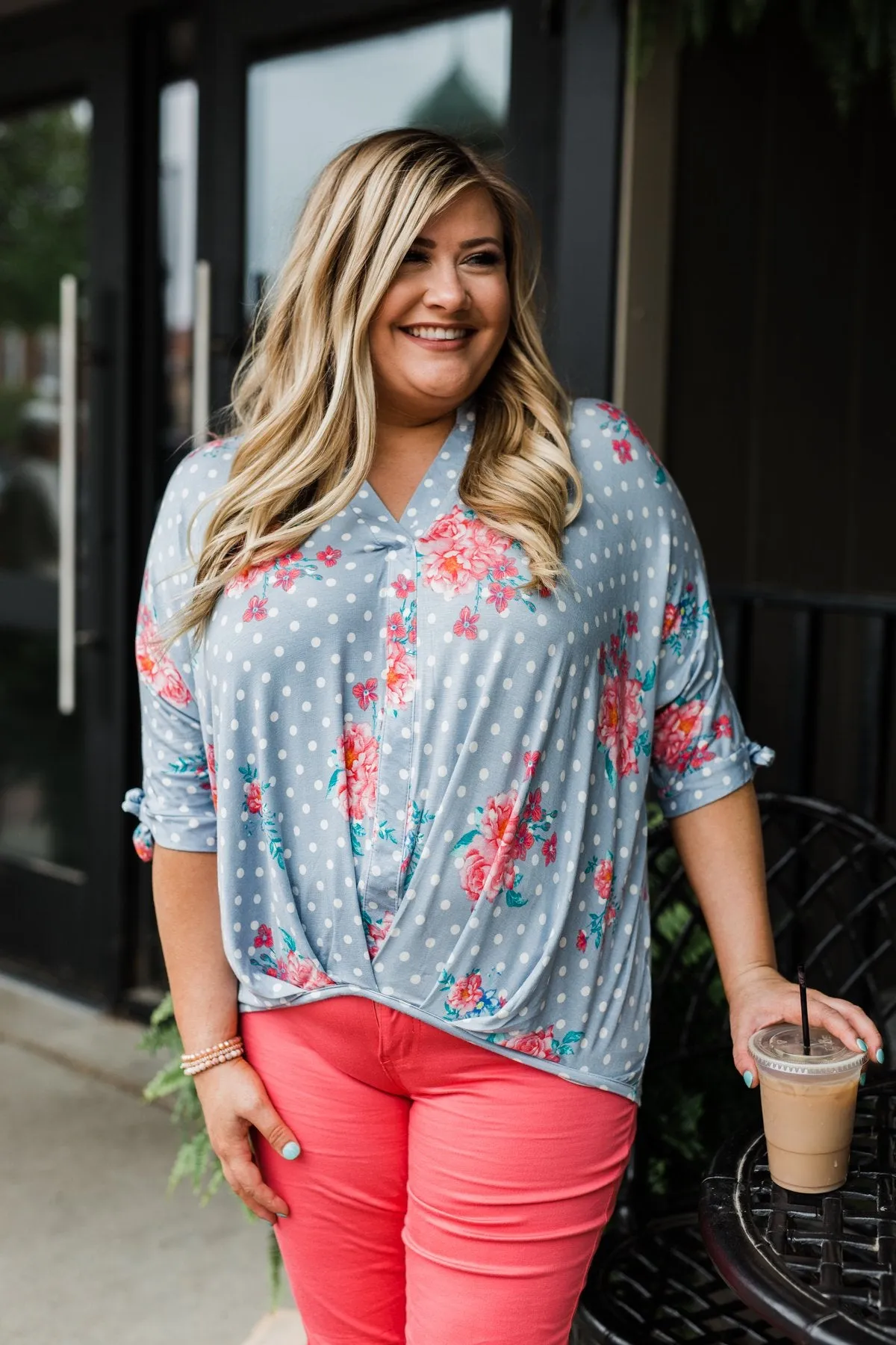 Show You Off Polka Dot & Floral Top- Powder Blue