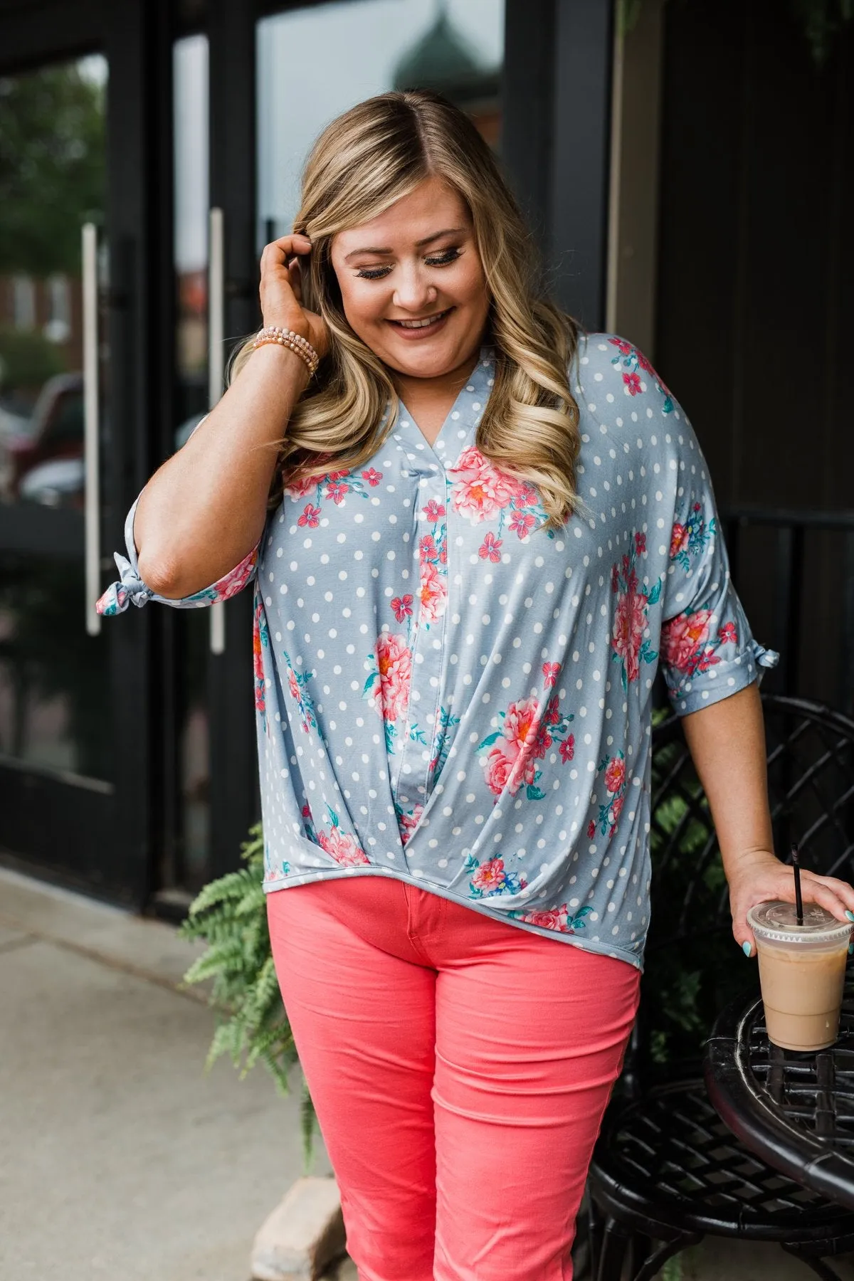 Show You Off Polka Dot & Floral Top- Powder Blue