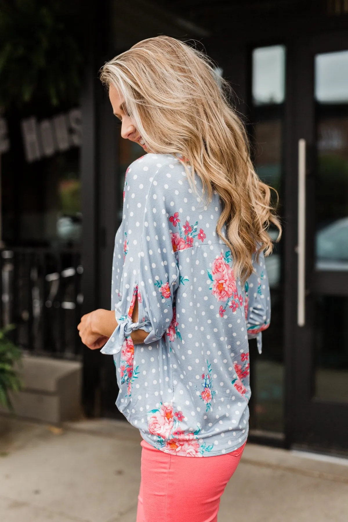 Show You Off Polka Dot & Floral Top- Powder Blue