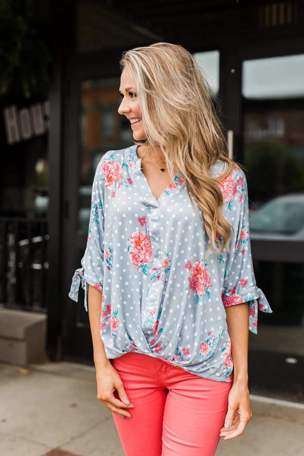 Show You Off Polka Dot & Floral Top- Powder Blue