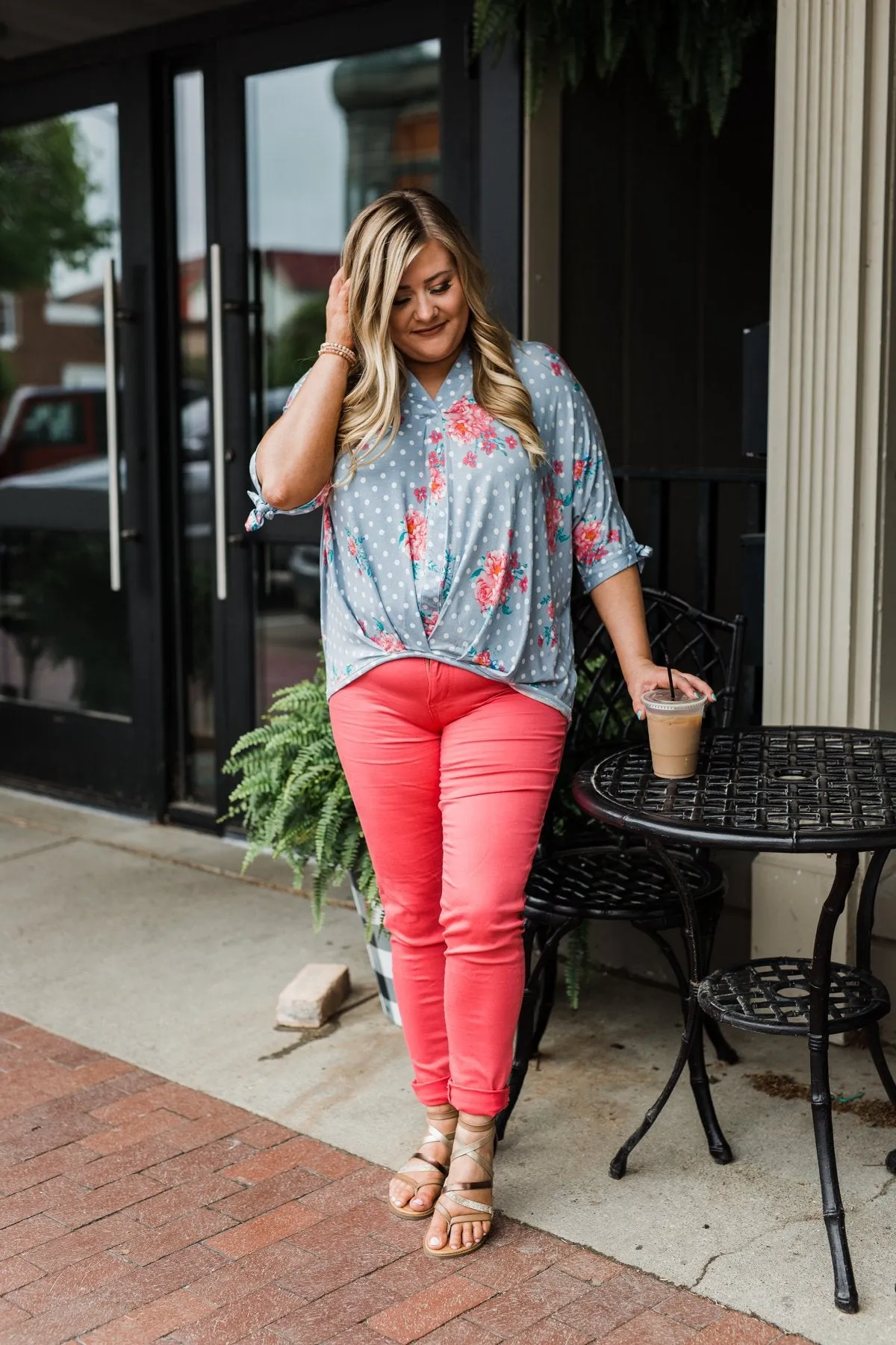 Show You Off Polka Dot & Floral Top- Powder Blue