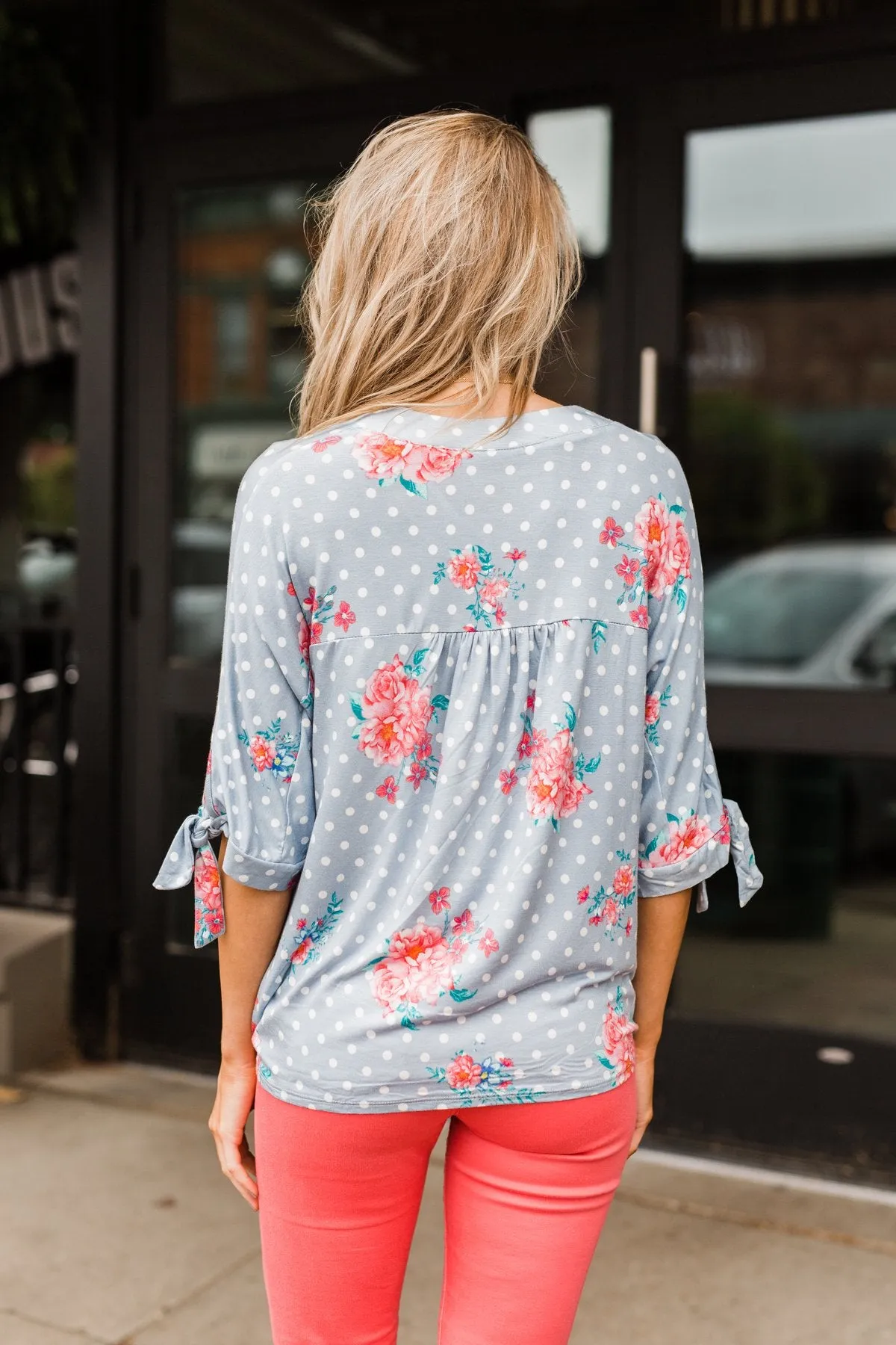 Show You Off Polka Dot & Floral Top- Powder Blue