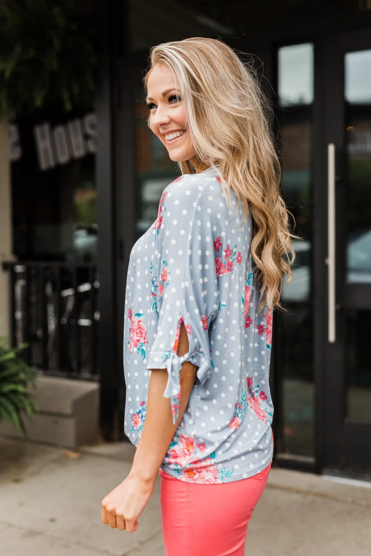 Show You Off Polka Dot & Floral Top- Powder Blue