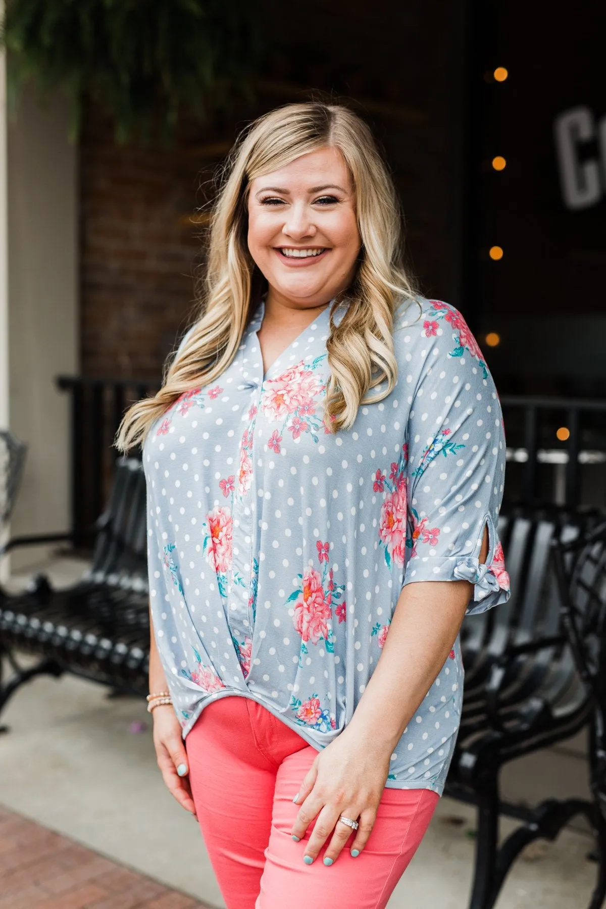 Show You Off Polka Dot & Floral Top- Powder Blue