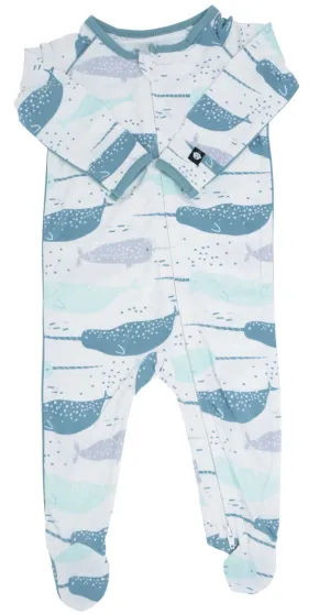 Sweet Bamboo Bliss Blue Narwhal Piped Footie with Zipper