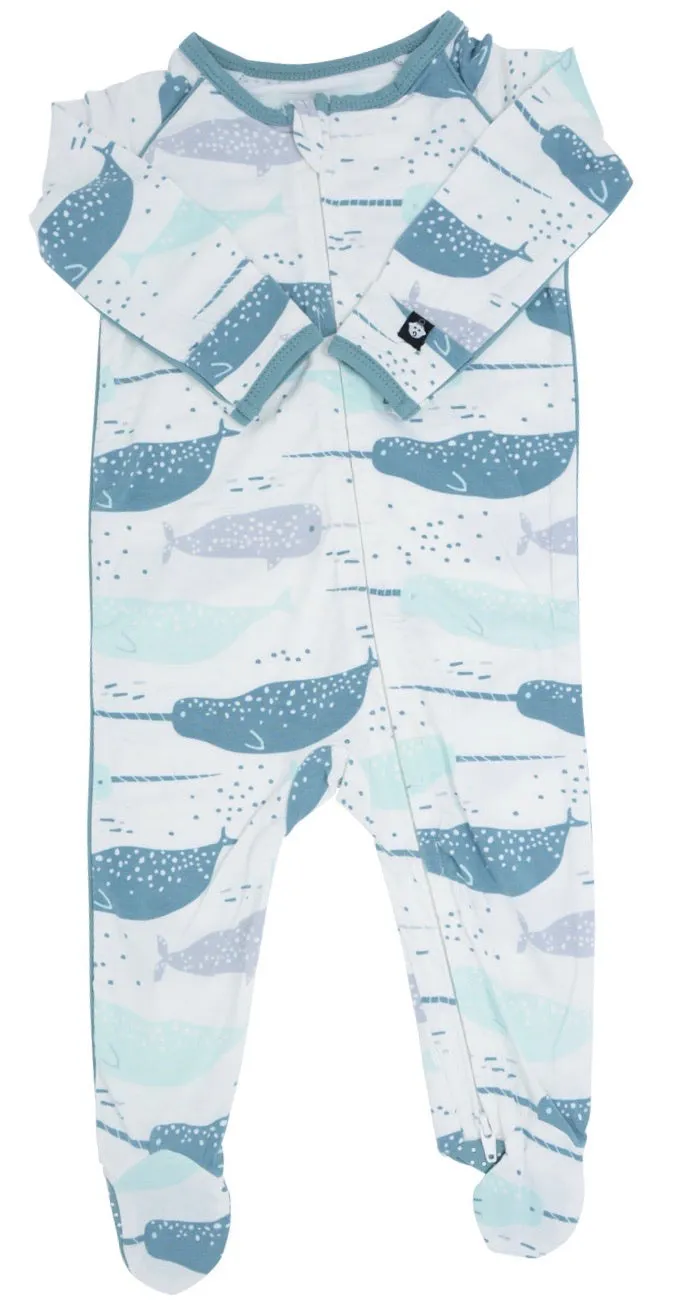 Sweet Bamboo Bliss Blue Narwhal Piped Footie with Zipper