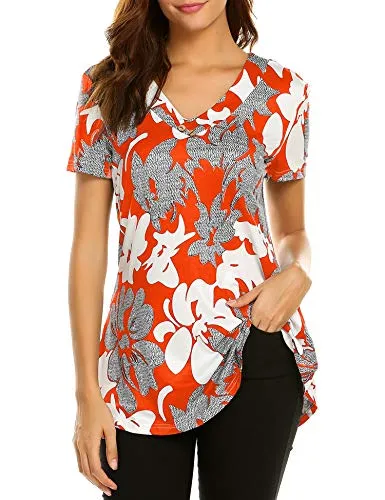 Sweetnight Women Floral Print V Neck Button Decor Peasant Summer Swing Tunic Tops Shirts at Amazon Womenâs Clothing store: