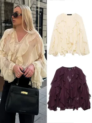 TAFZA 2025 Summer New Fashion Women's Sexy Translucent Ruffle Casual Shirt Chic V-neck Women's Streetwear Beach Style Shirt Y2K