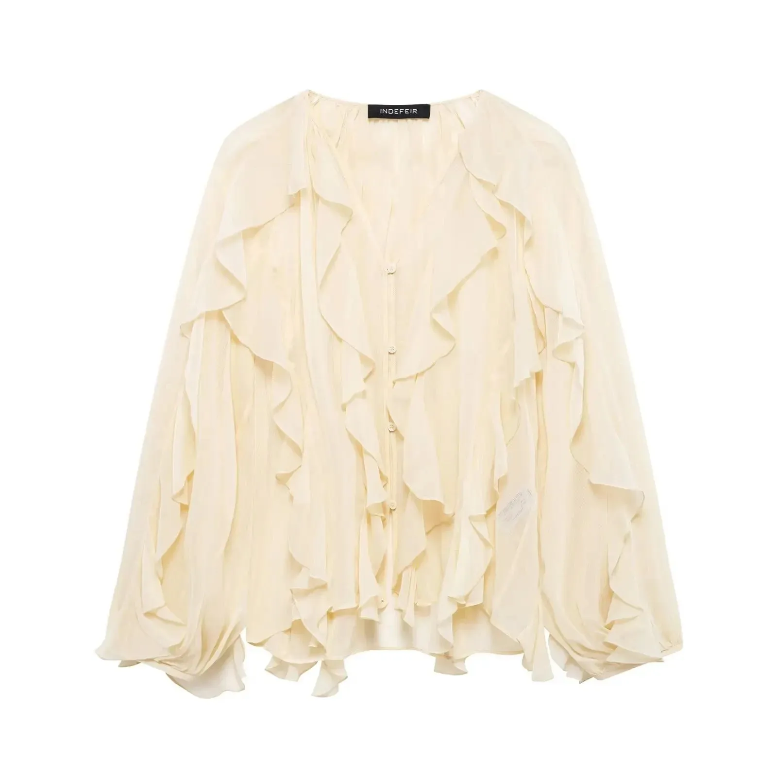 TAFZA 2025 Summer New Fashion Women's Sexy Translucent Ruffle Casual Shirt Chic V-neck Women's Streetwear Beach Style Shirt Y2K