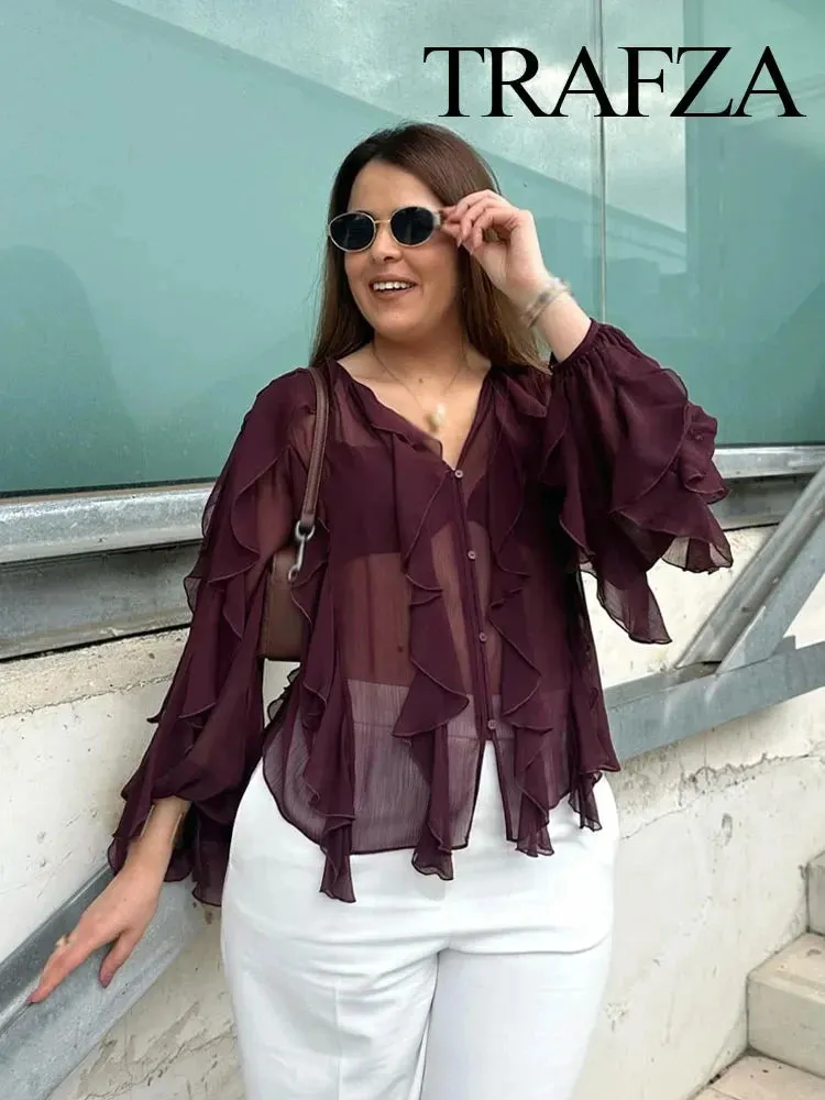 TAFZA 2025 Summer New Fashion Women's Sexy Translucent Ruffle Casual Shirt Chic V-neck Women's Streetwear Beach Style Shirt Y2K