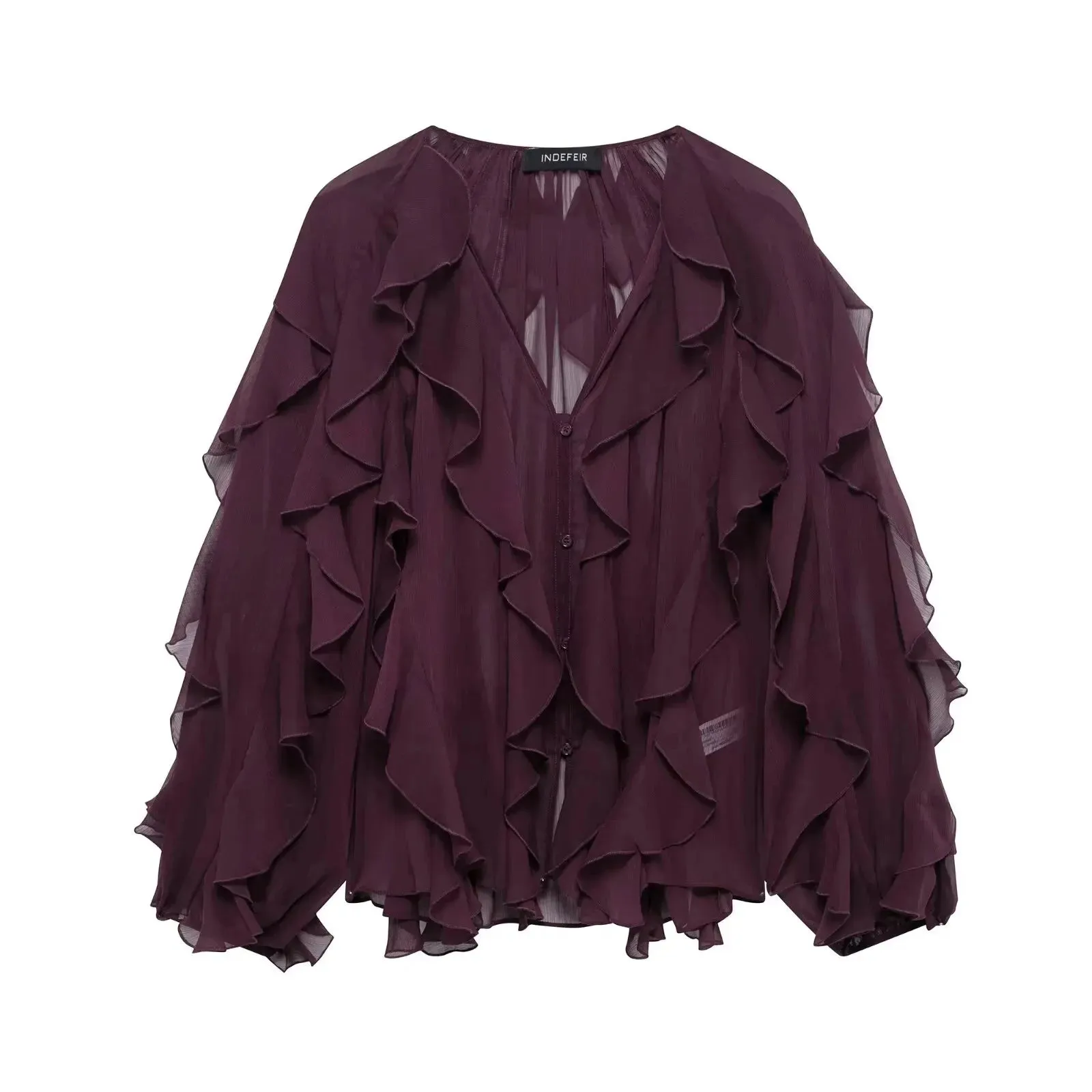 TAFZA 2025 Summer New Fashion Women's Sexy Translucent Ruffle Casual Shirt Chic V-neck Women's Streetwear Beach Style Shirt Y2K