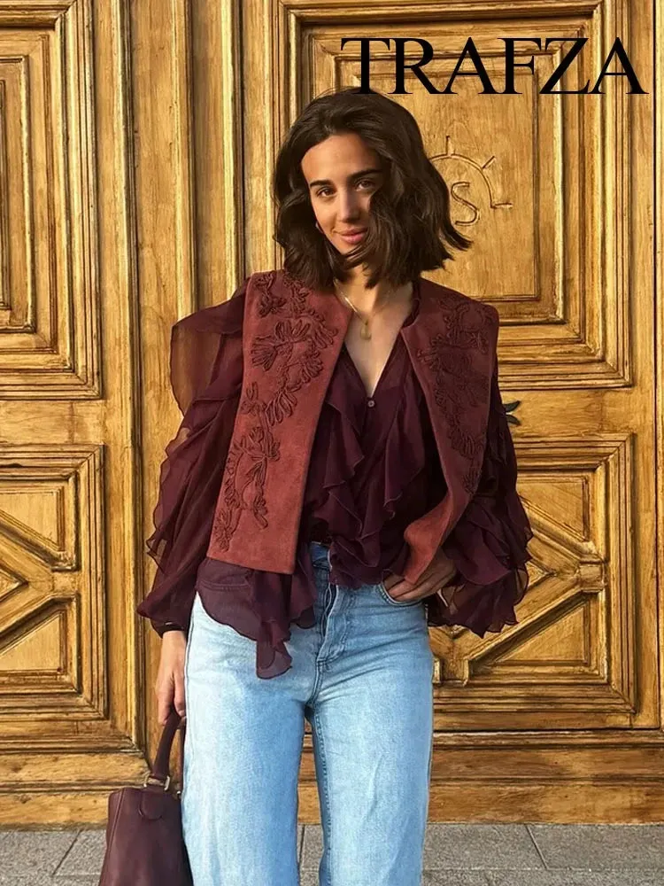 TAFZA 2025 Summer New Fashion Women's Sexy Translucent Ruffle Casual Shirt Chic V-neck Women's Streetwear Beach Style Shirt Y2K