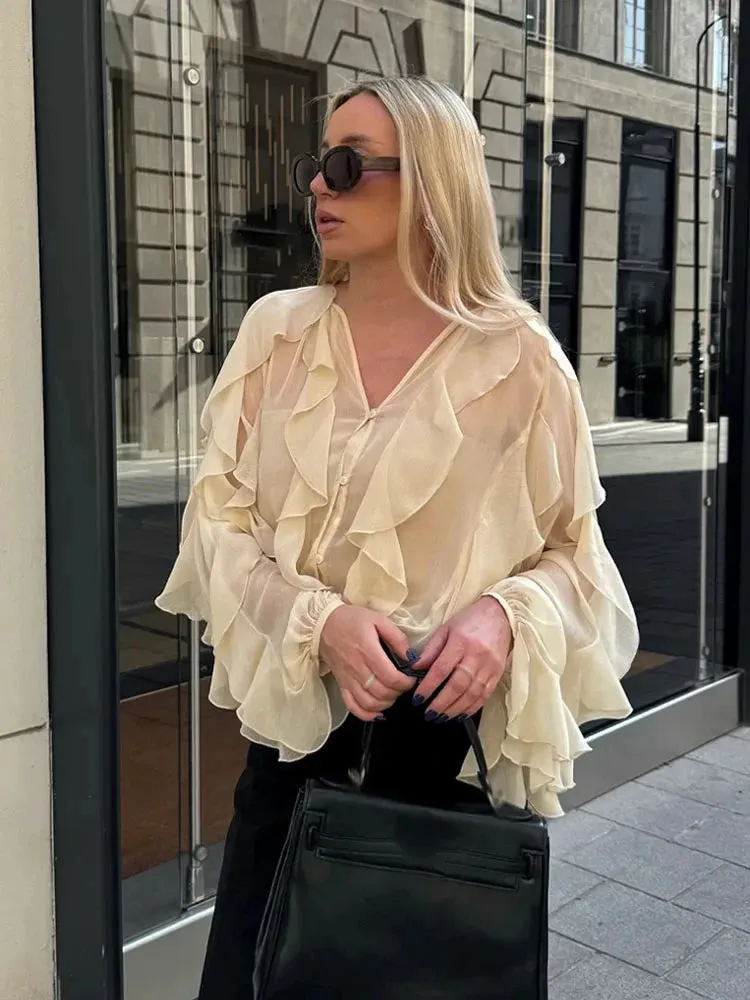 TAFZA 2025 Summer New Fashion Women's Sexy Translucent Ruffle Casual Shirt Chic V-neck Women's Streetwear Beach Style Shirt Y2K
