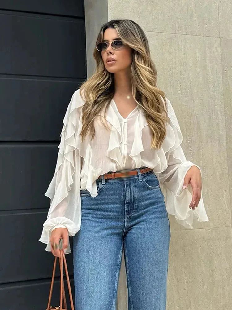 TAFZA 2025 Summer New Fashion Women's Sexy Translucent Ruffle Casual Shirt Chic V-neck Women's Streetwear Beach Style Shirt Y2K
