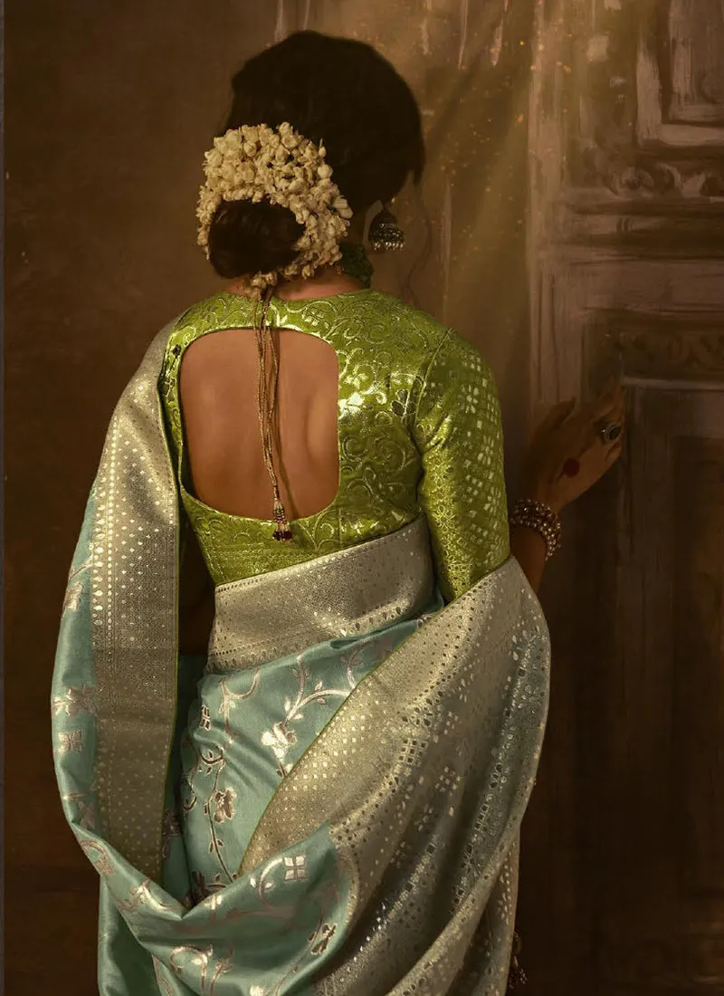 Teal And Green Weaved Pure Dola Silk Saree