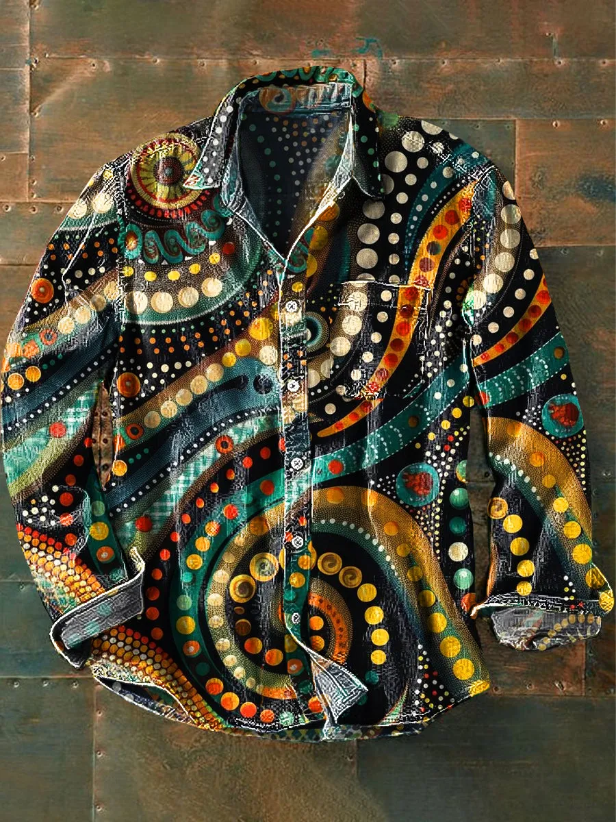 Unisex Vintage Polka Dot Spiral Abstract Art Print Lapel Long Sleeve Pocket Shirt