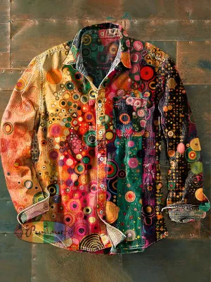Unisex Vintage Rainbow Color Dot Art Print Cotton Lapel Pocket Long Sleeve Shirt