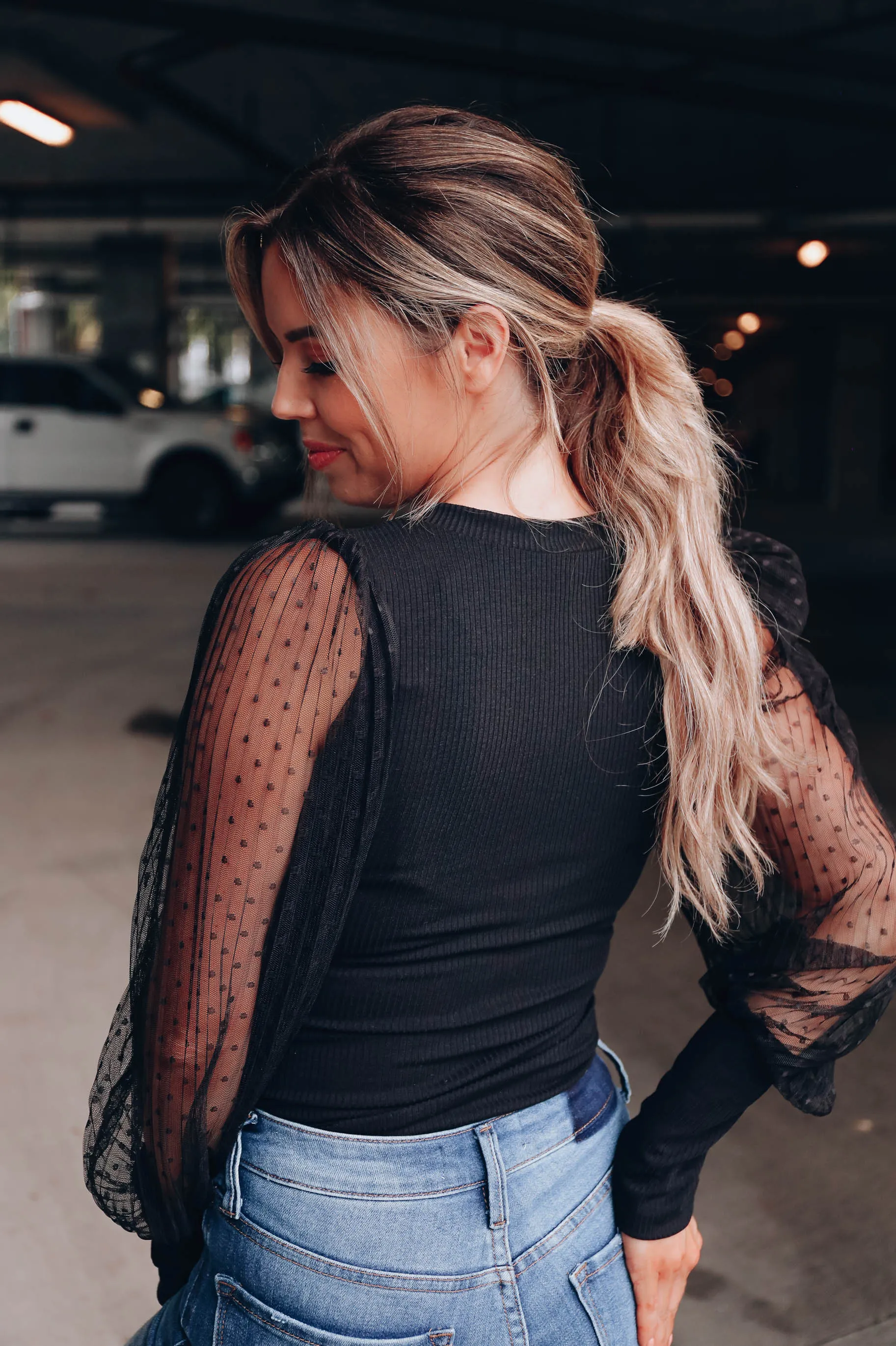 Victoria Mesh Sleeve Bodysuit - Black