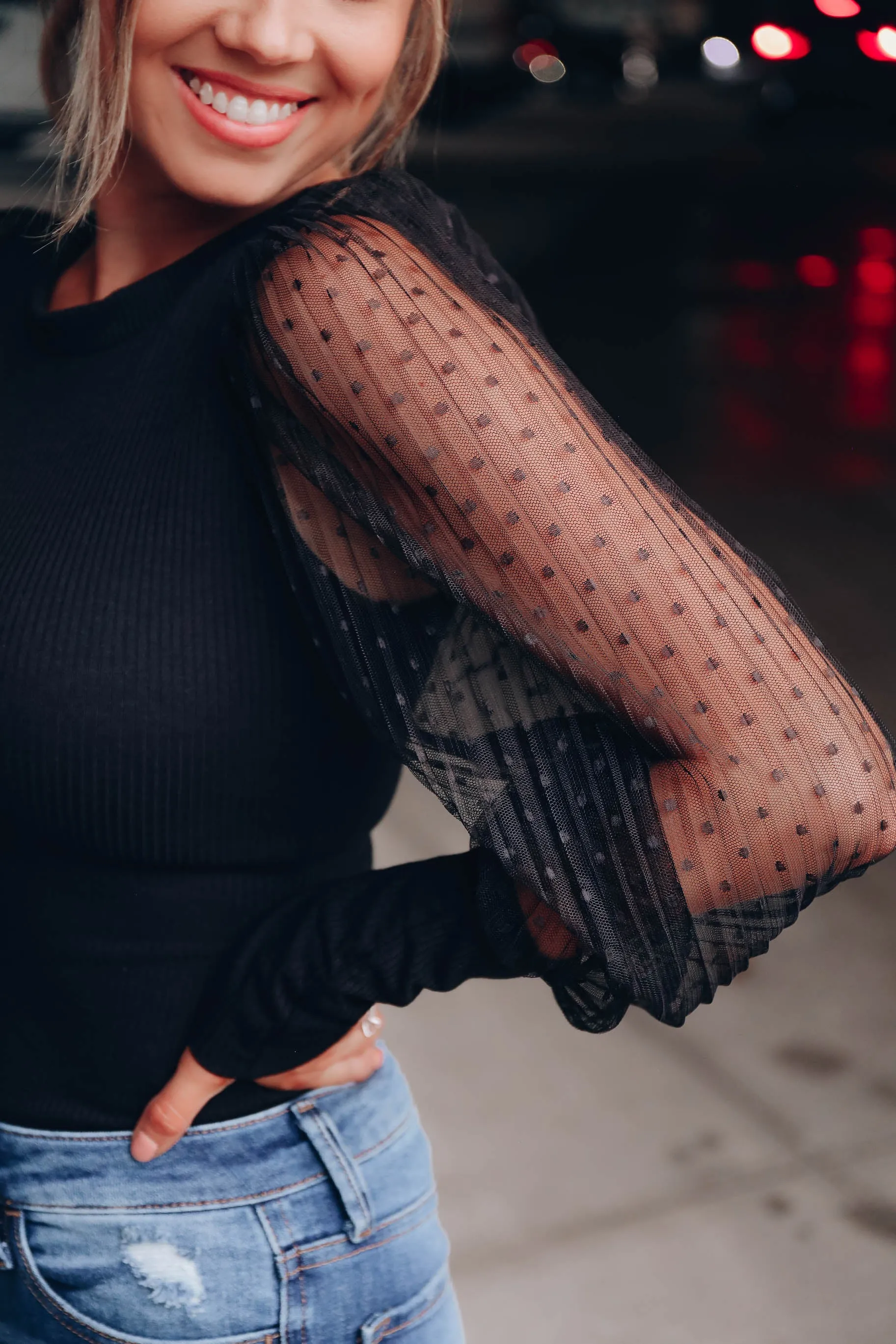Victoria Mesh Sleeve Bodysuit - Black