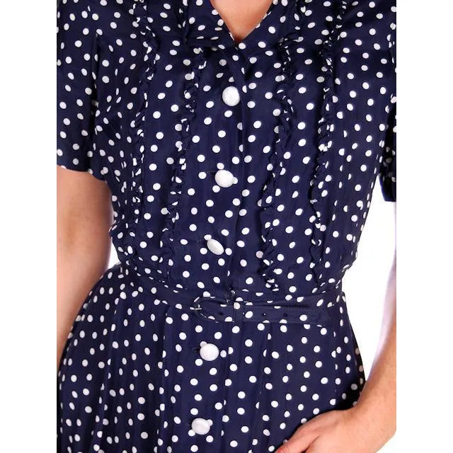 Vintage Navy Blue & White Polka Dot Dream Dress Rayon 1940s 40-27-44