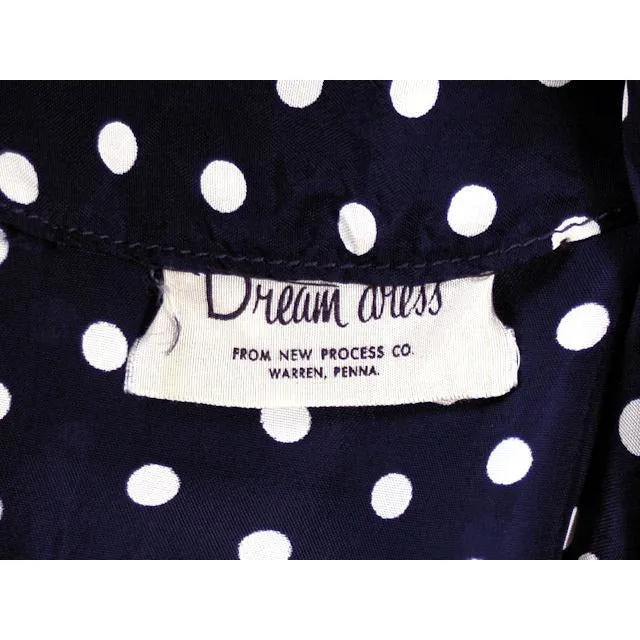 Vintage Navy Blue & White Polka Dot Dream Dress Rayon 1940s 40-27-44