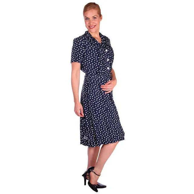 Vintage Navy Blue & White Polka Dot Dream Dress Rayon 1940s 40-27-44