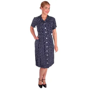 Vintage Navy Blue & White Polka Dot Dream Dress Rayon 1940s 40-27-44