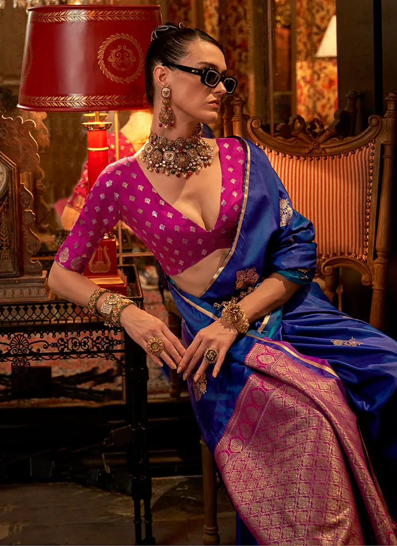 Violet And Pink Zari Woven Satin Silk Saree