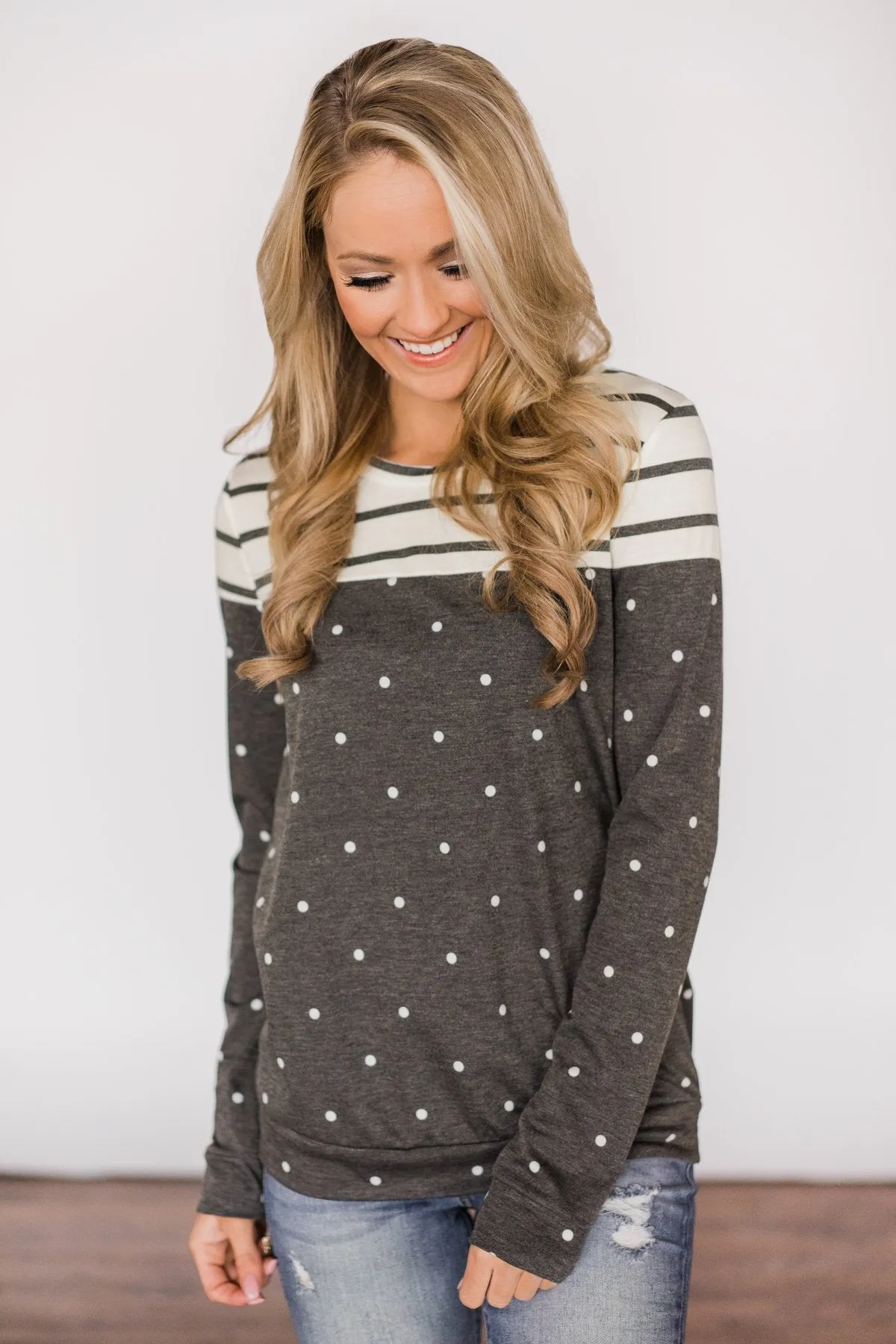 Welcome to the Party~Charcoal Polka Dot & Stripes Top