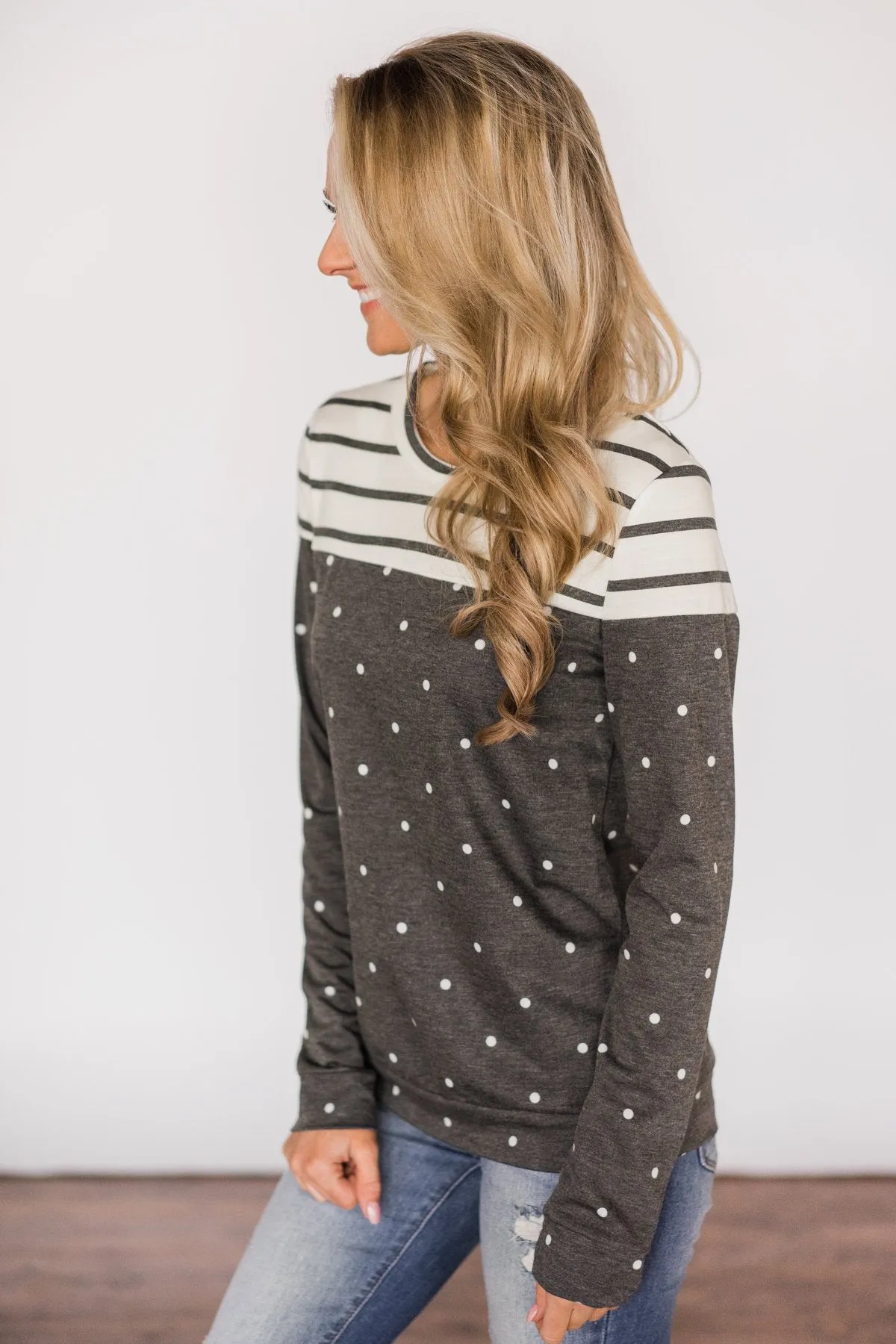 Welcome to the Party~Charcoal Polka Dot & Stripes Top