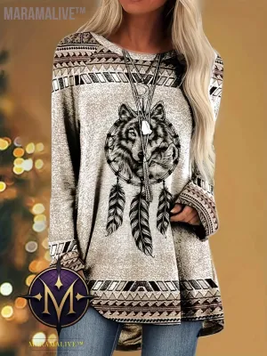 Western Wolf Print Crew Neck T-shirt, Vintage Long Sleeve Loose Top For Spring & Fall, Women's Clothing