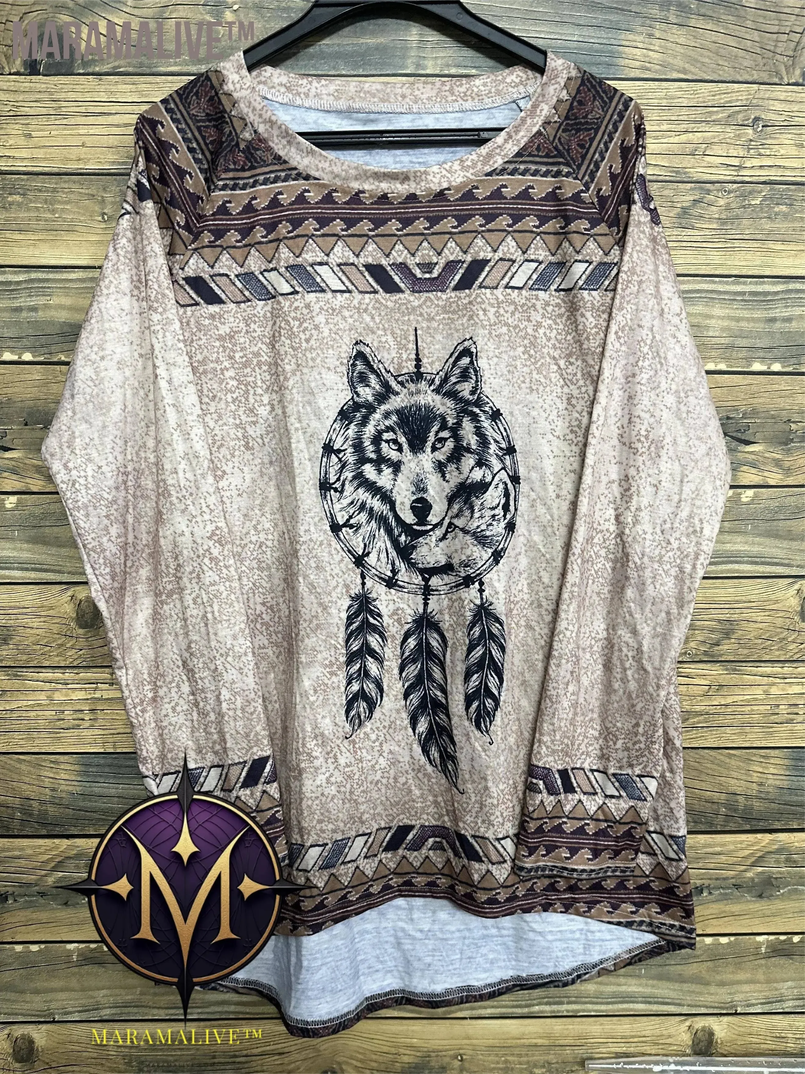 Western Wolf Print Crew Neck T-shirt, Vintage Long Sleeve Loose Top For Spring & Fall, Women's Clothing