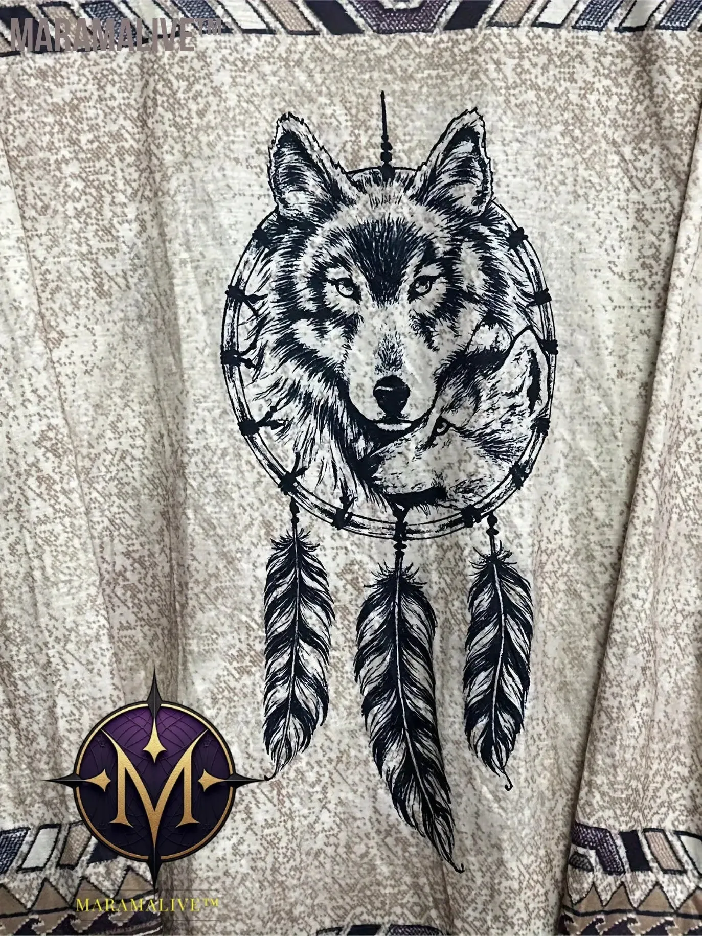 Western Wolf Print Crew Neck T-shirt, Vintage Long Sleeve Loose Top For Spring & Fall, Women's Clothing