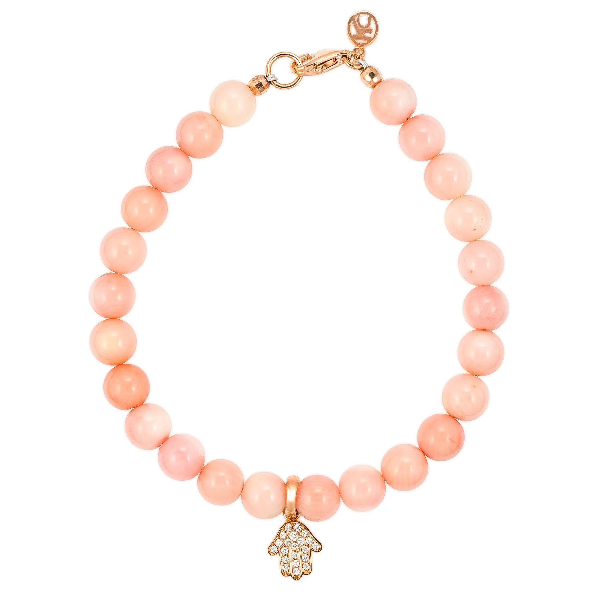 White Diamond Dangling Baby Hamsa with Large Sea Bamboo Beads