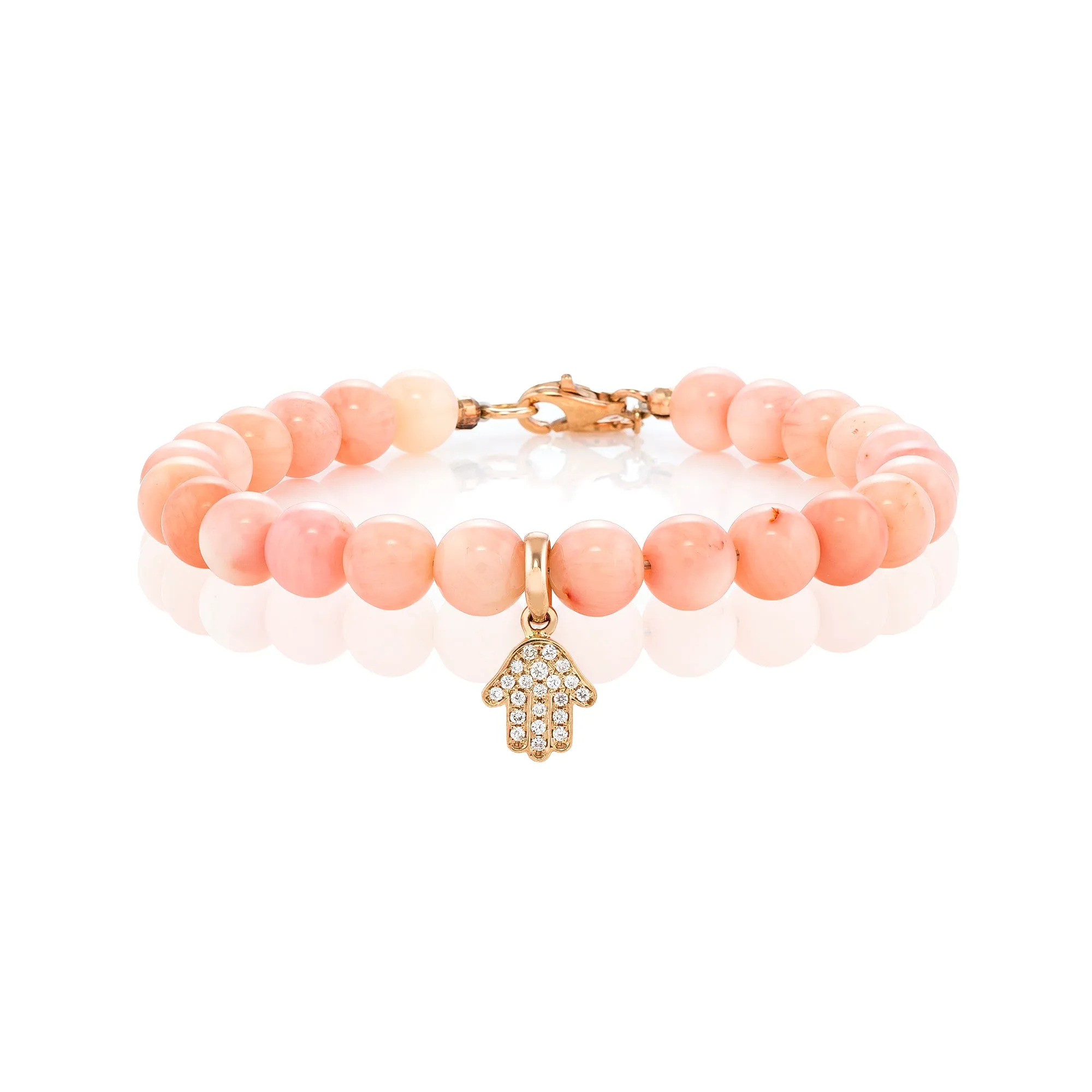 White Diamond Dangling Baby Hamsa with Large Sea Bamboo Beads