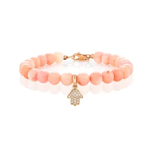 White Diamond Dangling Baby Hamsa with Large Sea Bamboo Beads