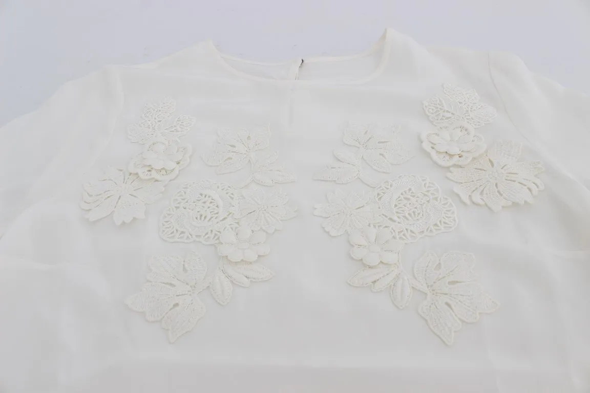 White Silk Floral Lace Blouse Top