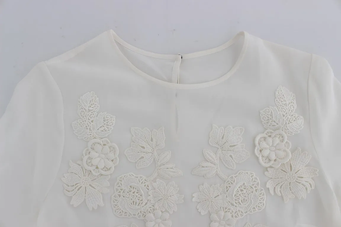 White Silk Floral Lace Blouse Top
