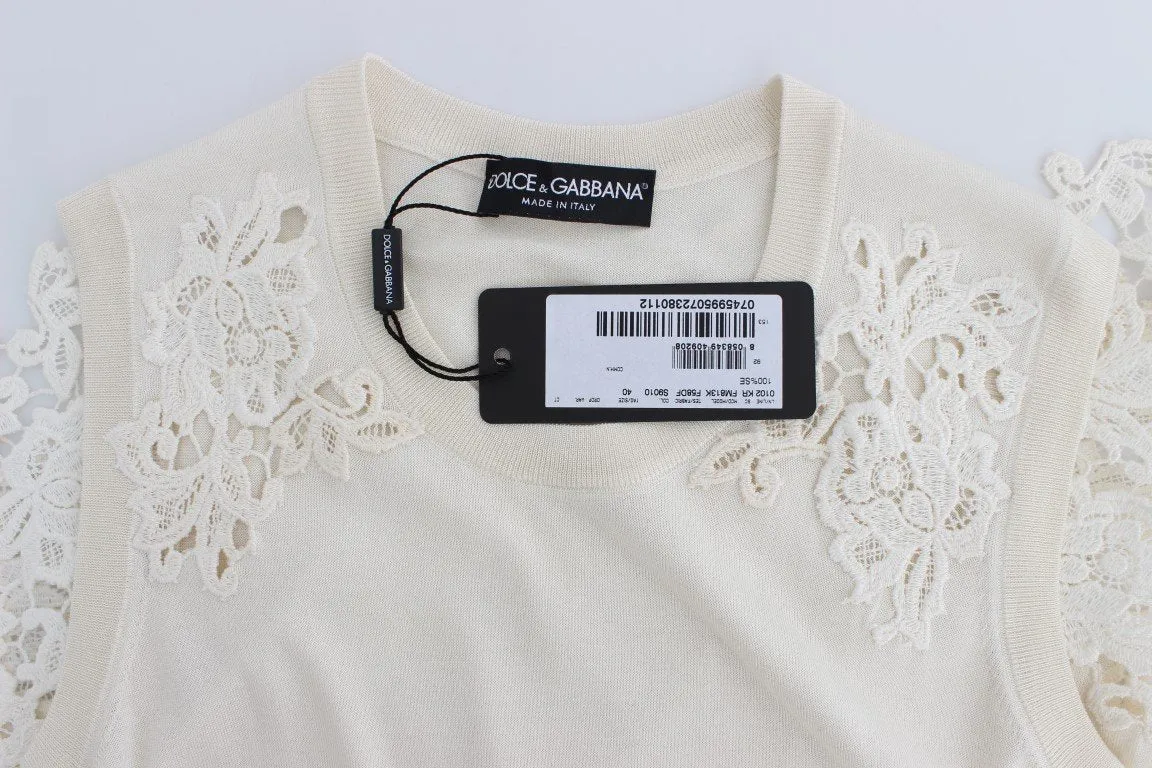 White Silk Ricamo Crewneck Top